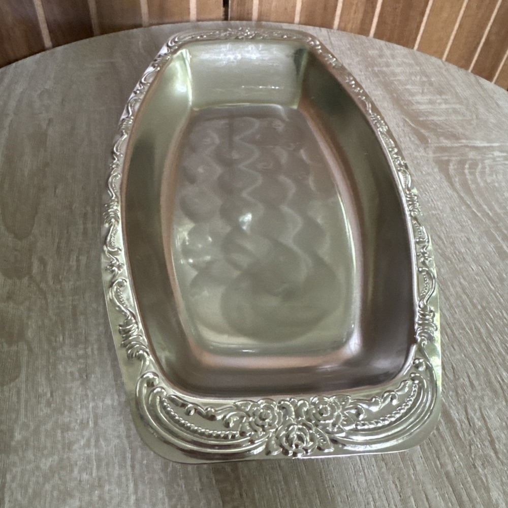 Vintage Silver Tone Floral Trinket Tray Oval Rose Dish Twin Bird Co Japan